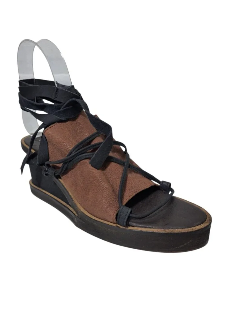 Free People Bowery Leather Lace-up Wedge Boho Sandals Black Brown Sz 39